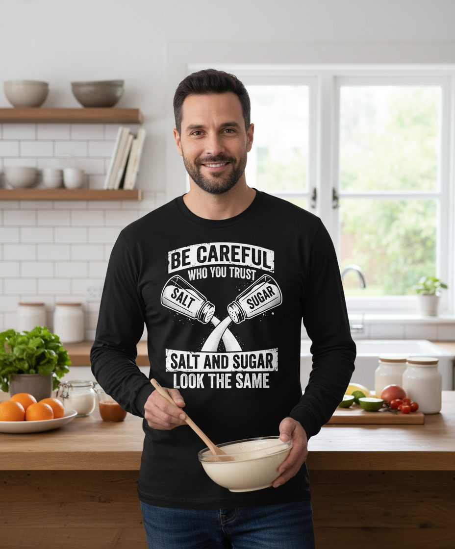 BE Careful WHO YOU TRUST SALT AND SUGAR LOOK THE SAME Long Sleeve Tee - lifestyle model mockup - Black