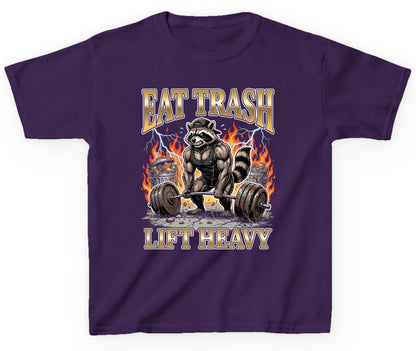 Eat Trash Lift Heavy weightlifting raccoon Youth T-Shirt Purple product mockup