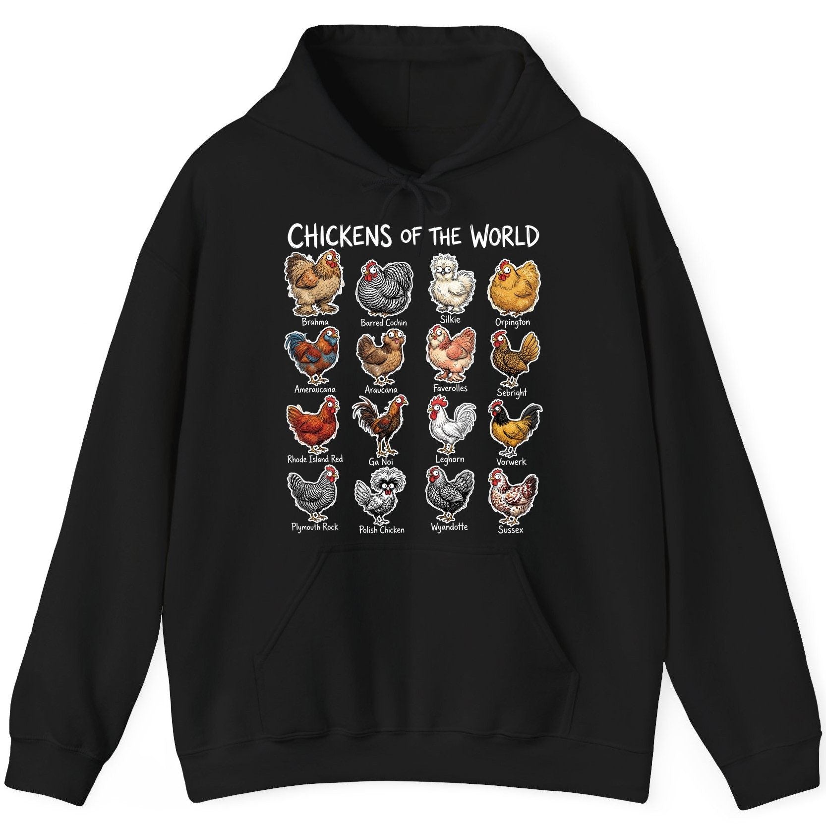 Chickens of the World chicken breeds Hoodie Black product mockup