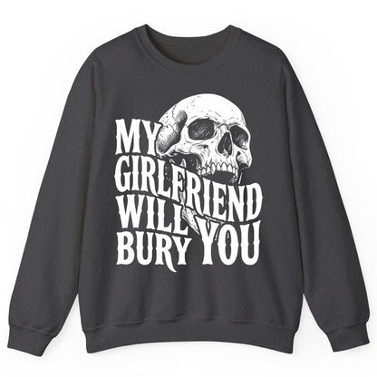 My Girlfriend Will Bury You skull Sweatshirt Dark Heather product mockup