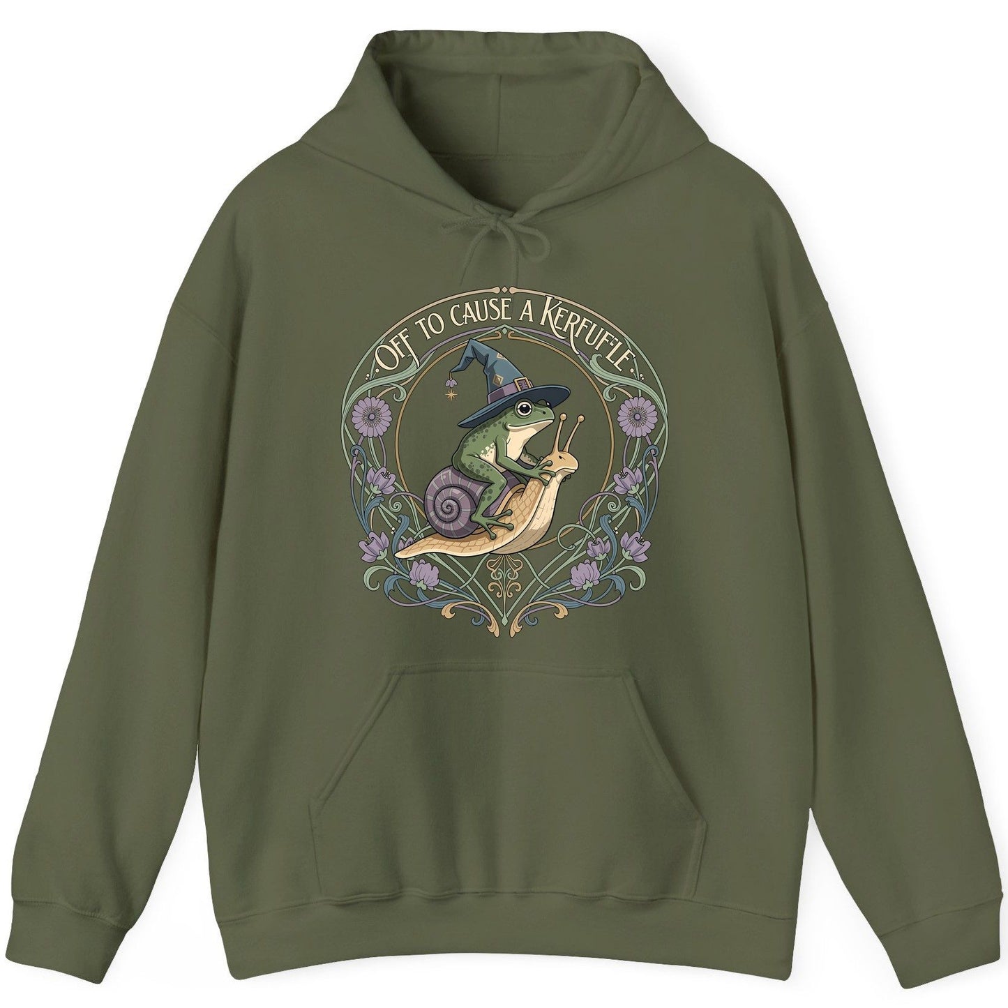 Off to Cause a Kerfuffle frog riding a snail Hoodie Military Green product mockup
