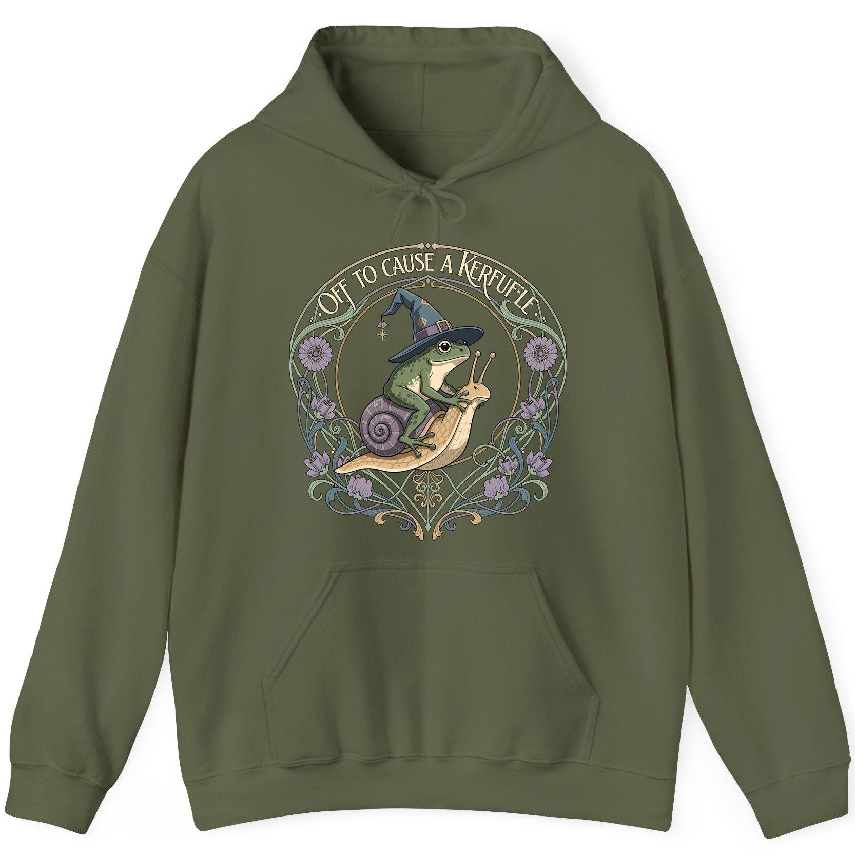 Off to Cause a Kerfuffle frog riding a snail Hoodie Military Green product mockup