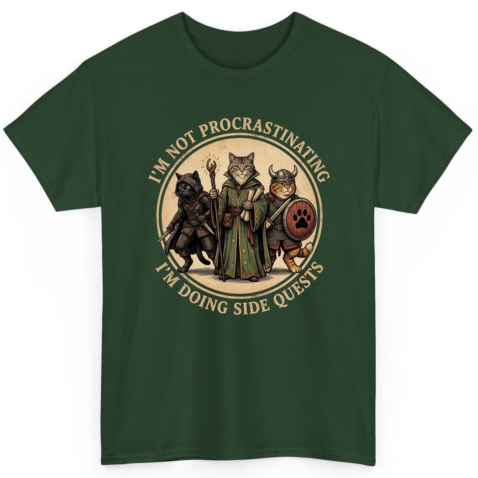 I'm Not Procrastinating I'm Doing Side Quests rpg cats T-Shirt Forest Green product mockup
