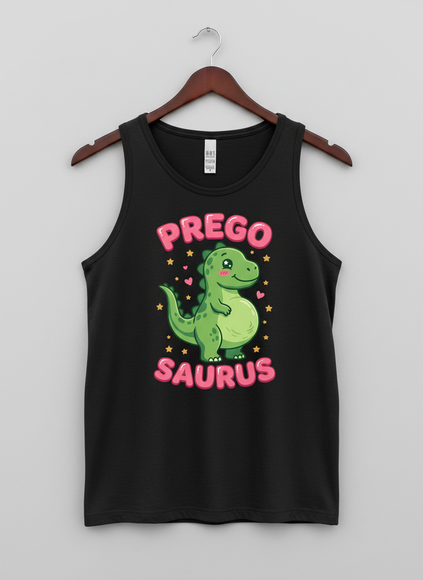 Cute Pregnant Dinosaur Prego Saurus Tank Top - Black