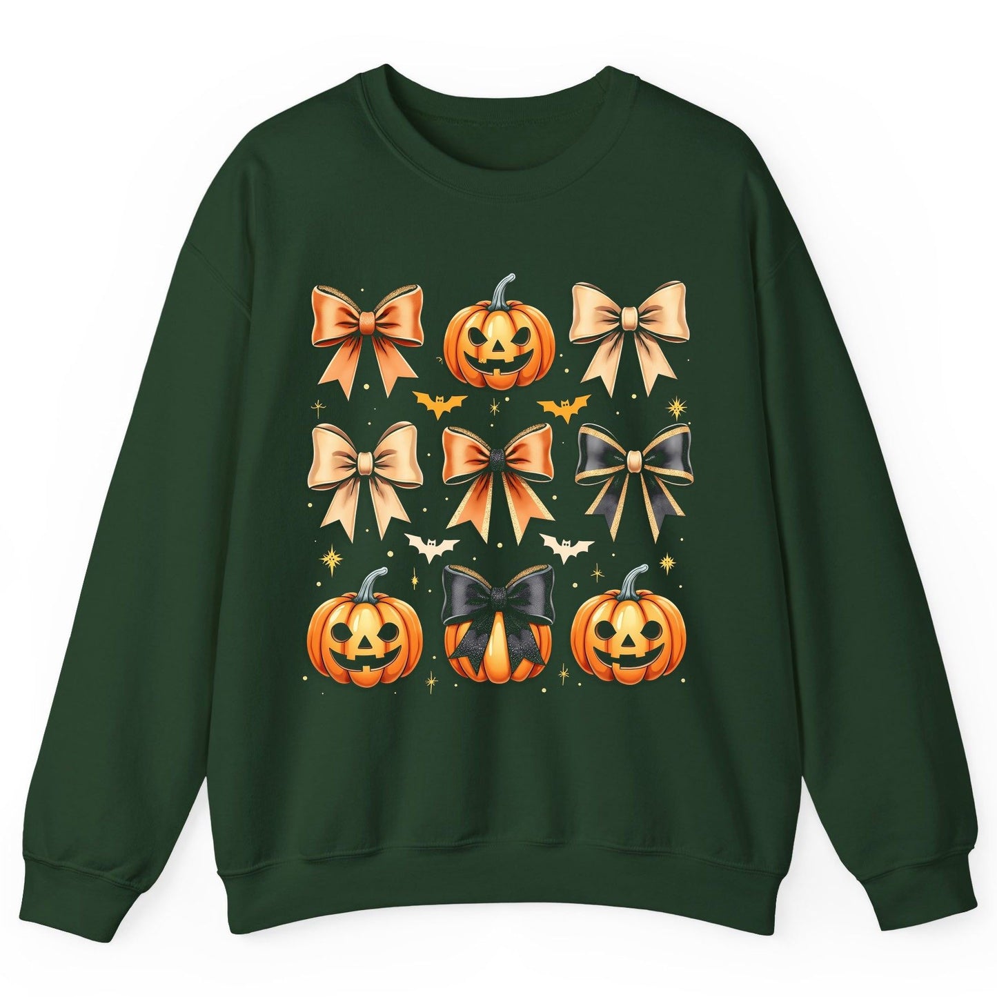 Cute Halloween Pumpkins and Bows Halloween Sweatshirt Forest Green product mockup