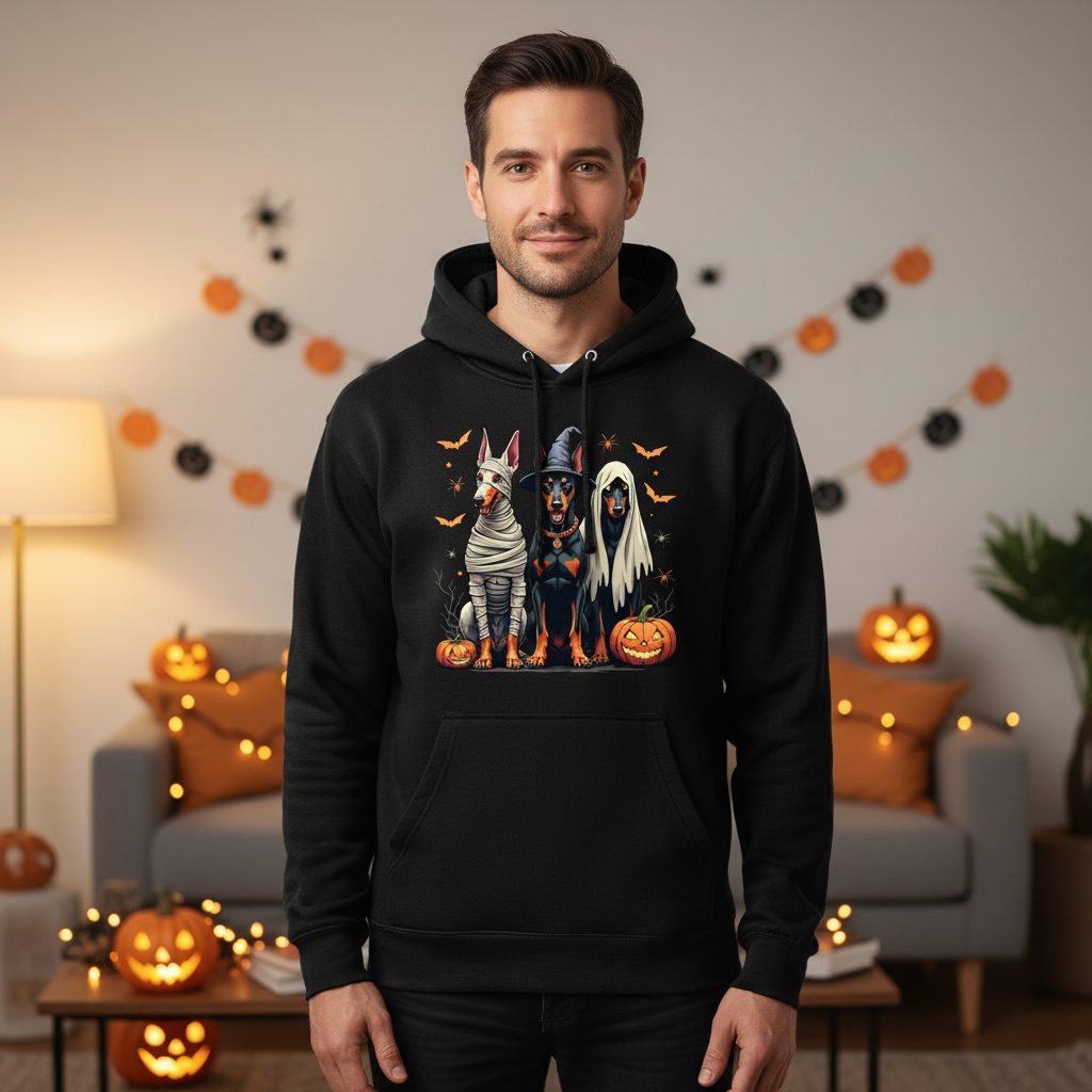 Halloween Doberman Trio doberman pinscher Hoodie Black lifestyle mockup