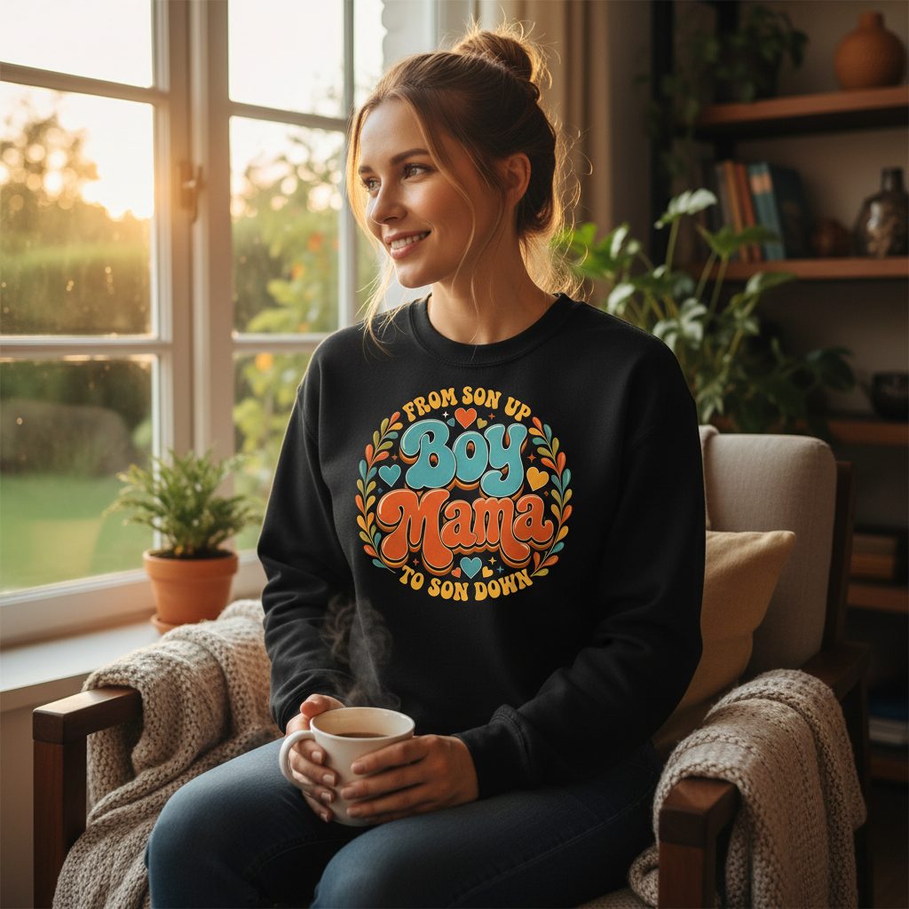 From Son Up to Son Down Boy Mama Retro Mothers of Sons Sweatshirt - lifestyle model mockup - Black