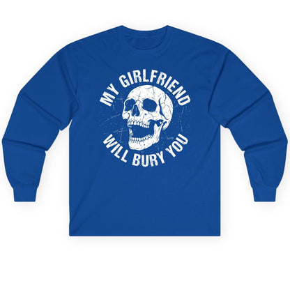 My Girlfriend Will Bury You skull Long Sleeve Tee Royal product mockup