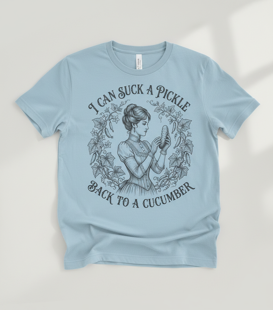 Vintage Victorian "I Can Suck a Pickle Back to a Cucumber" Design T-Shirt - Light Blue
