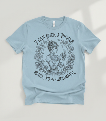 Vintage Victorian "I Can Suck a Pickle Back to a Cucumber" Design T-Shirt - Light Blue