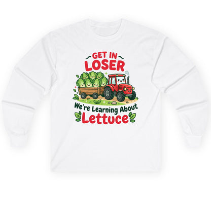 GET IN LOSER We're Learning About Lettuce Long Sleeve Tee - product mockup - White