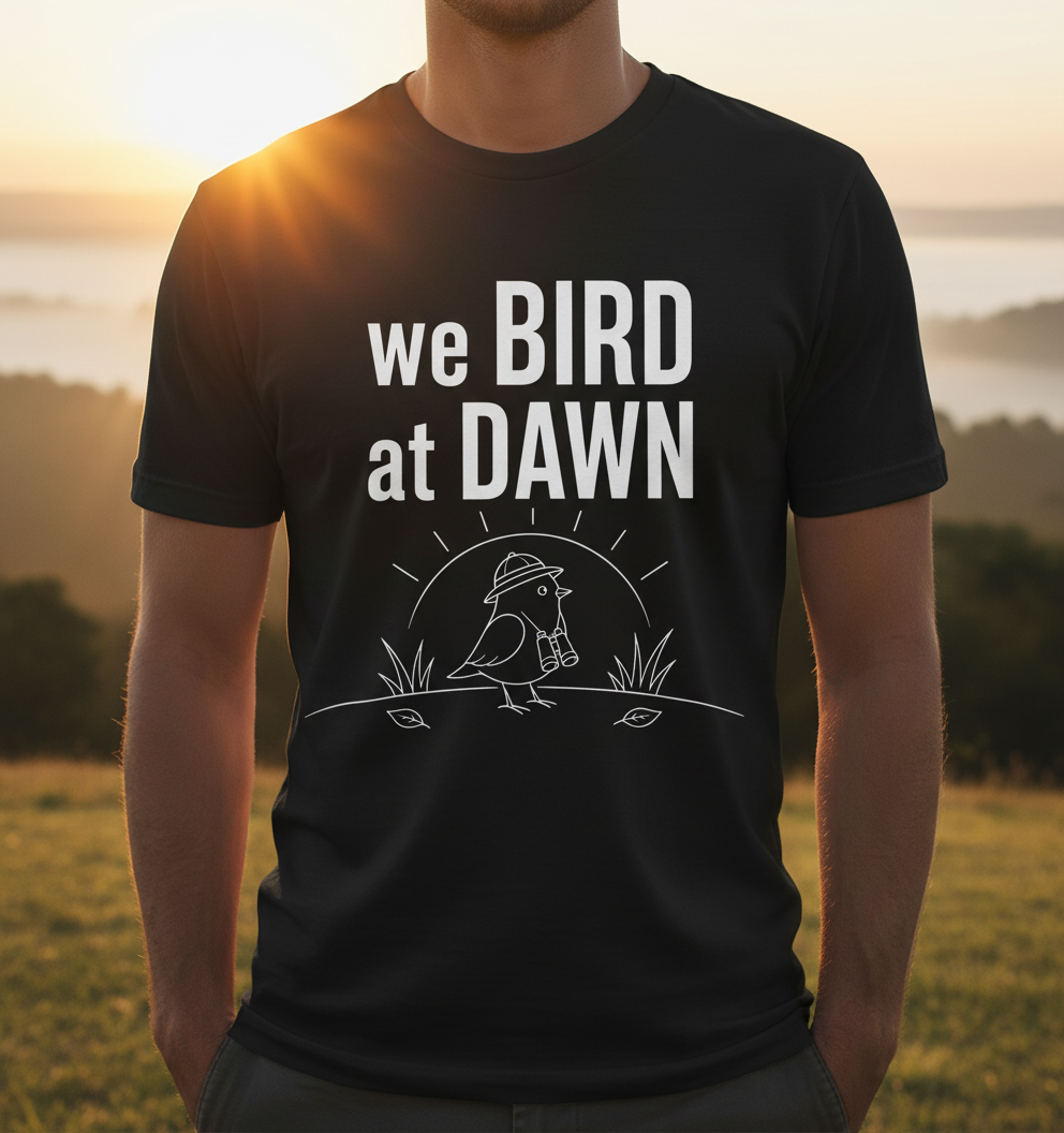 Funny We Bird at Dawn Birdwatching T-Shirt - product mockup - Black