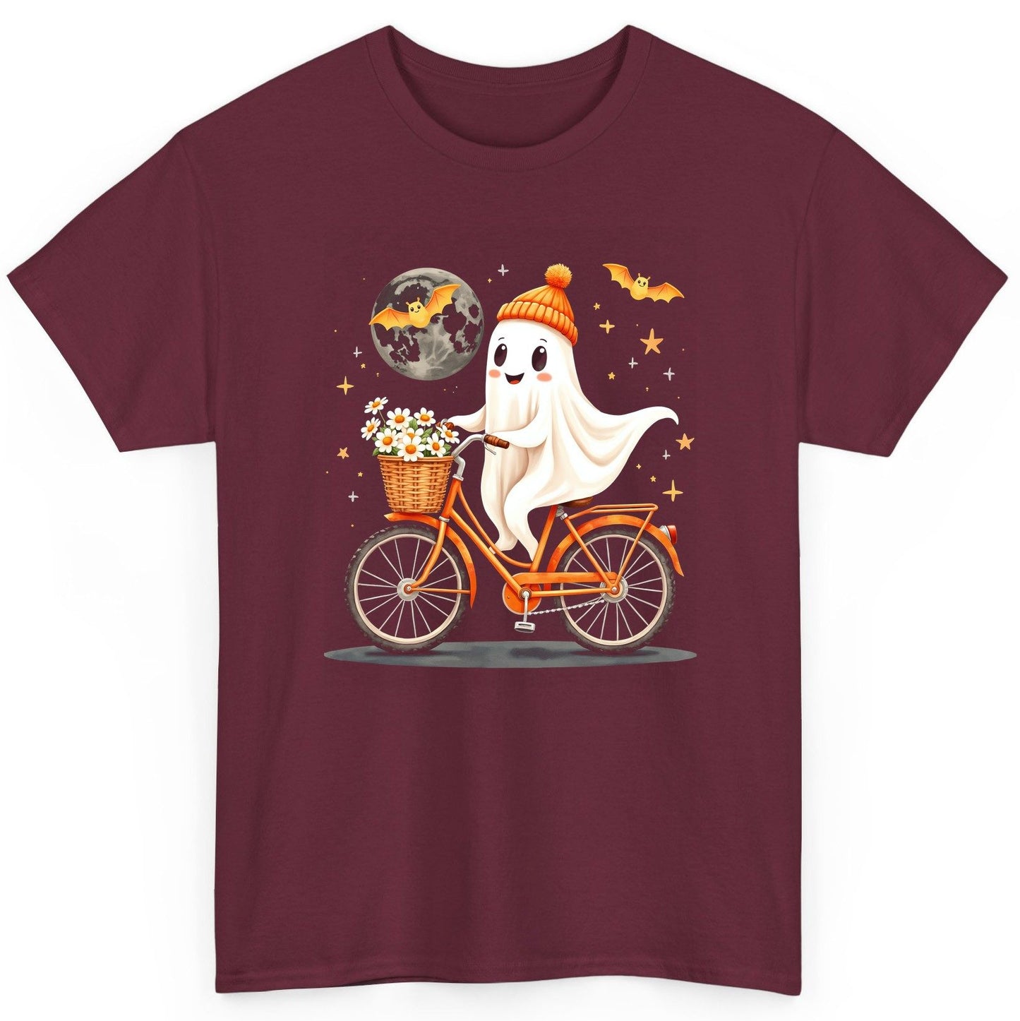 Cute Ghost on Bicycle cute ghost T-Shirt Maroon product mockup