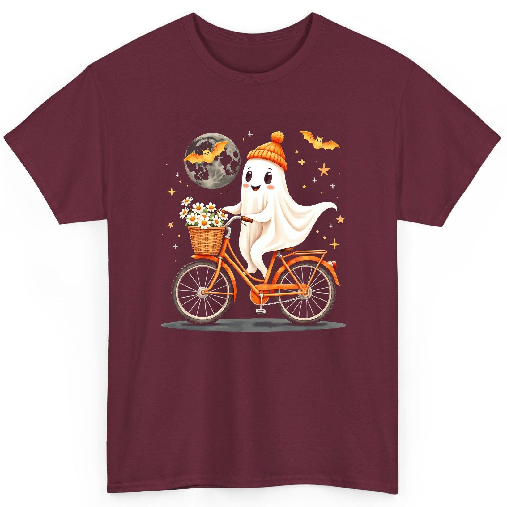 Cute Ghost on Bicycle cute ghost T-Shirt Maroon product mockup