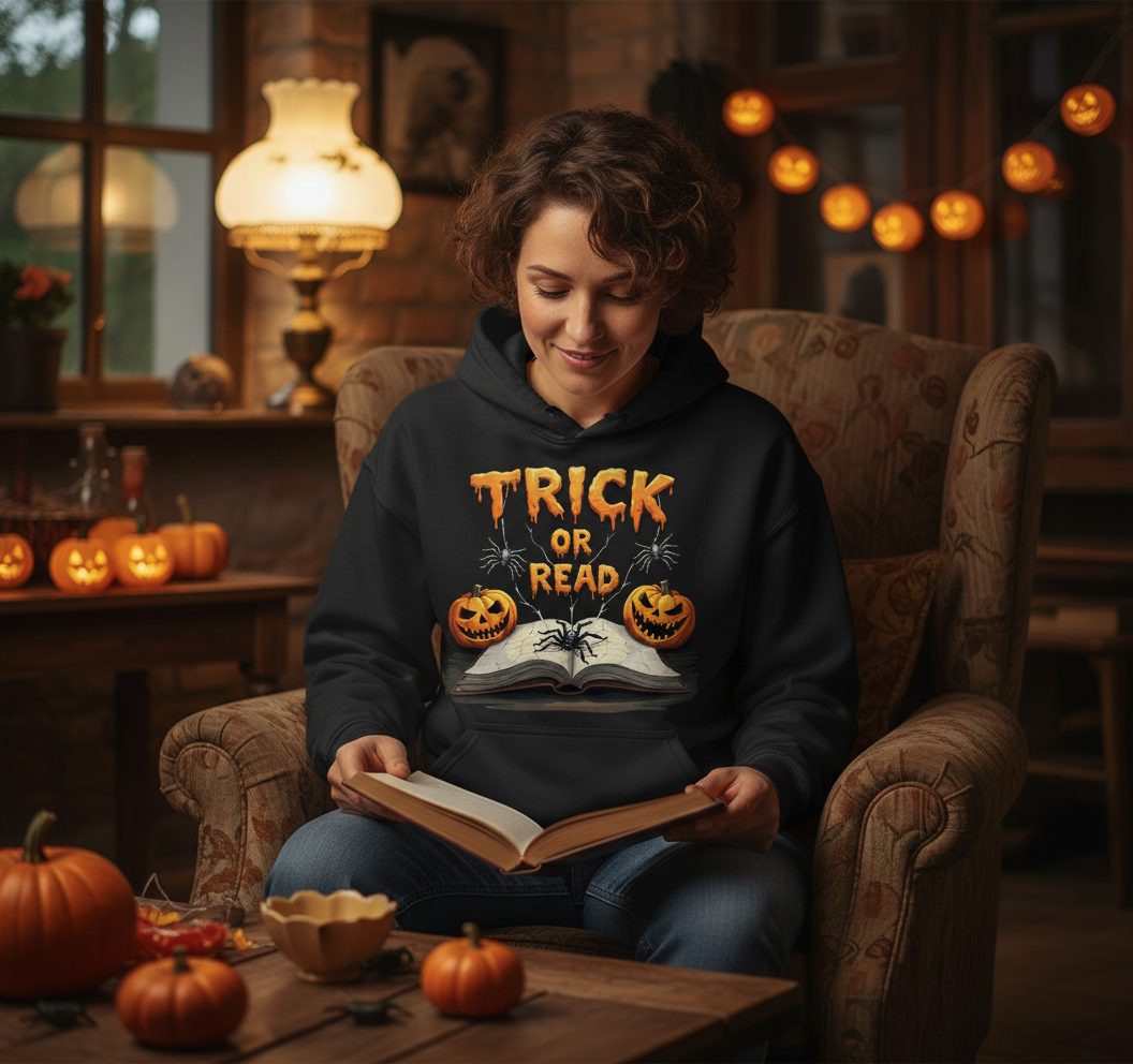 Trick or Read Halloween reading Hoodie Black lifestyle mockup