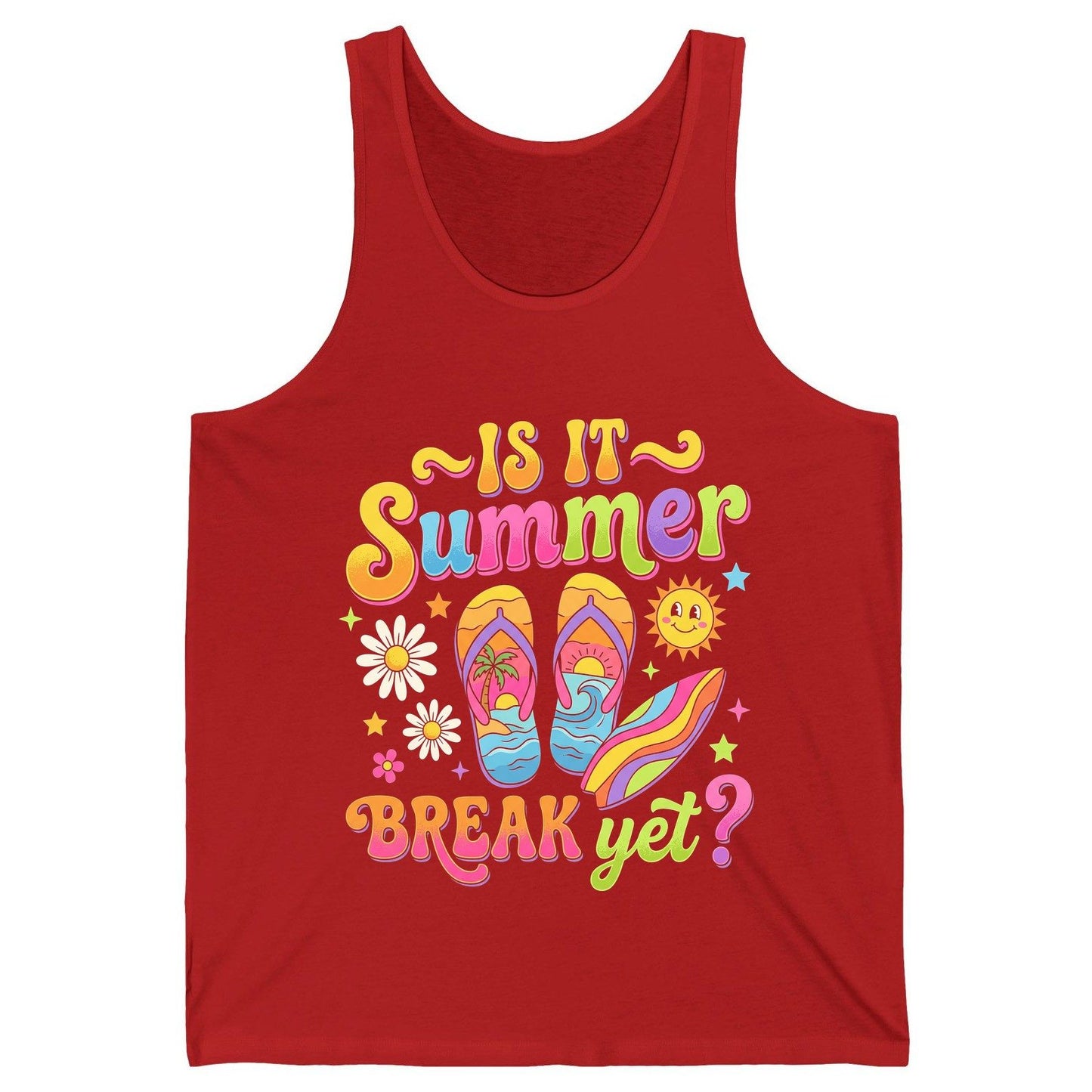 Is It Summer Break Yet Retro Vacation Tank Top - product mockup - Red
