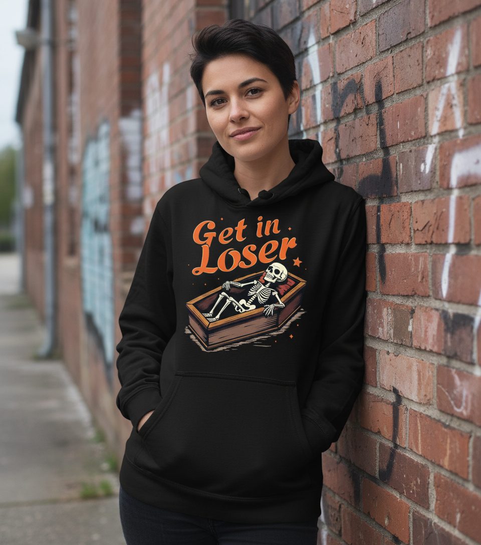 Get in Loser skeleton in coffin Hoodie Black lifestyle mockup