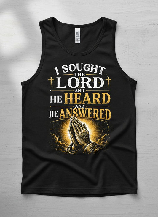 I Sought the Lord and He Heard and He Answered Christian Tank Top - product mockup - Black