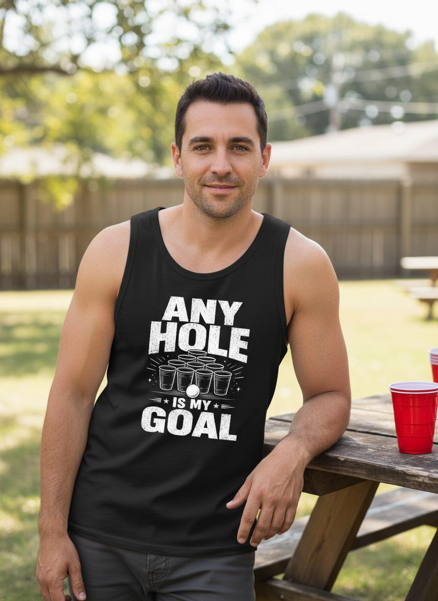 Any Hole Is My Goal Funny Beer Pong Tank Top - lifestyle model mockup - Black