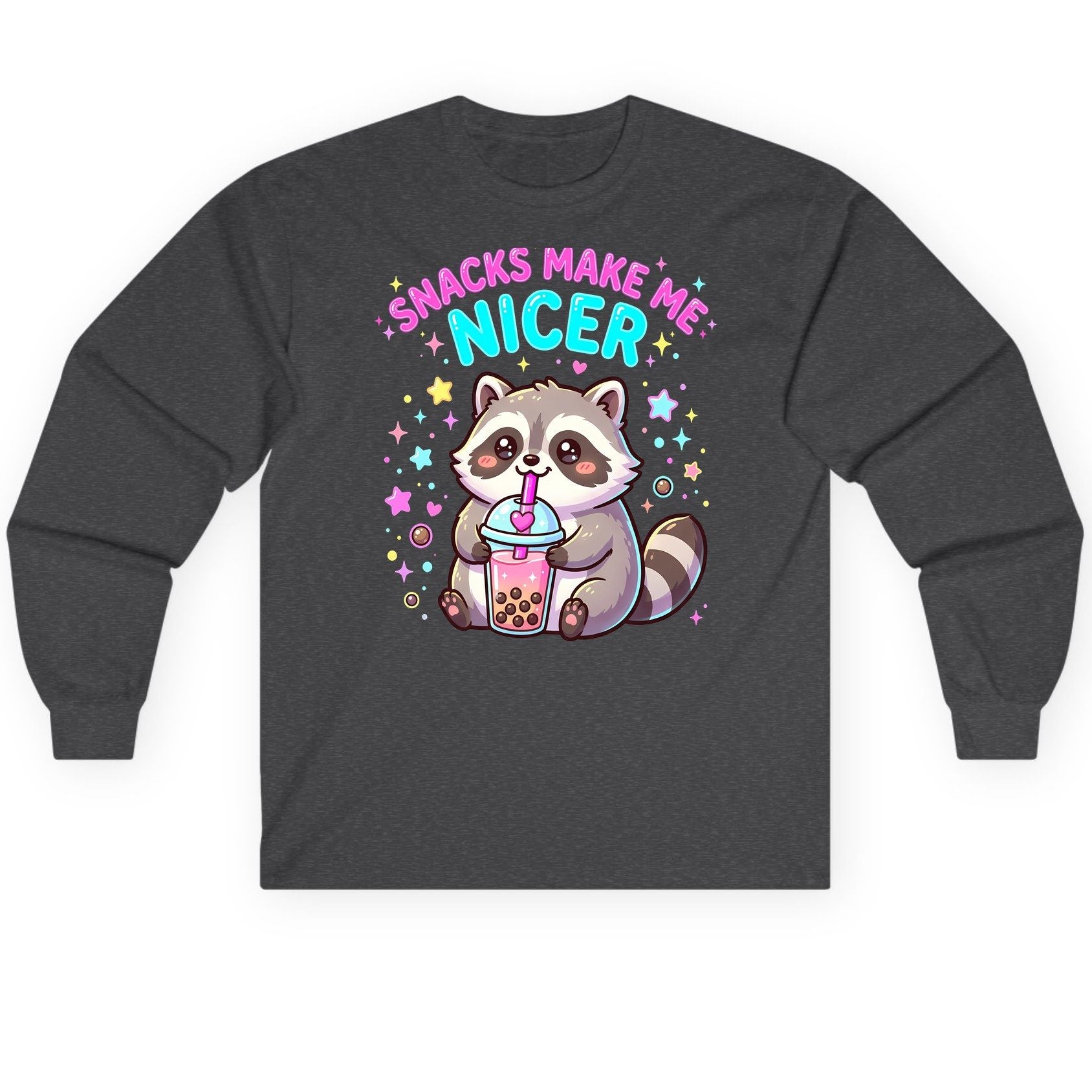 SNACKS MAKE ME NICER Funny Raccoon Long Sleeve Tee - product mockup - Dark Heather