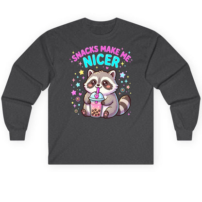 SNACKS MAKE ME NICER Funny Raccoon Long Sleeve Tee - product mockup - Dark Heather