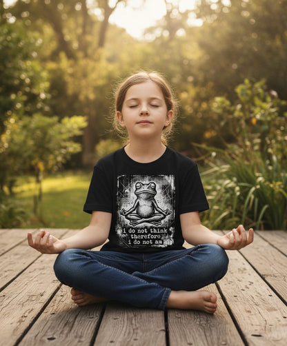 I Do Not Think Therefore I Do Not Am meditating frog Youth T-Shirt Black lifestyle mockup