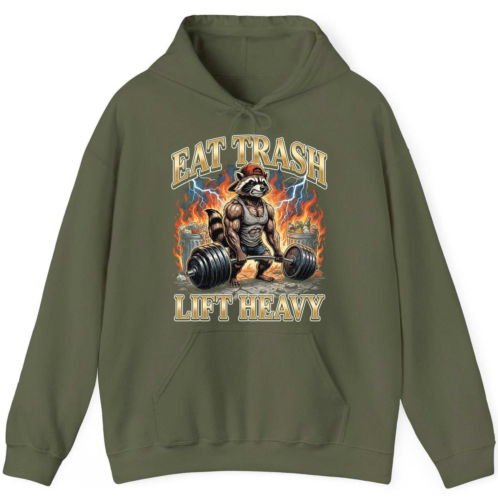 Eat Trash Lift Heavy raccoon Hoodie Military Green product mockup