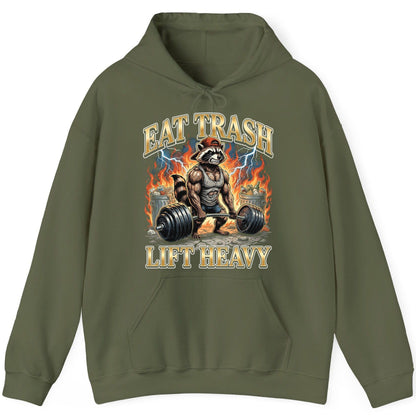 Eat Trash Lift Heavy raccoon Hoodie Military Green product mockup