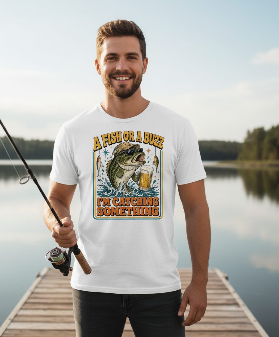 A FISH OR a BUZZ I'M Catching Something Funny Fishing T-Shirt - lifestyle model mockup - White