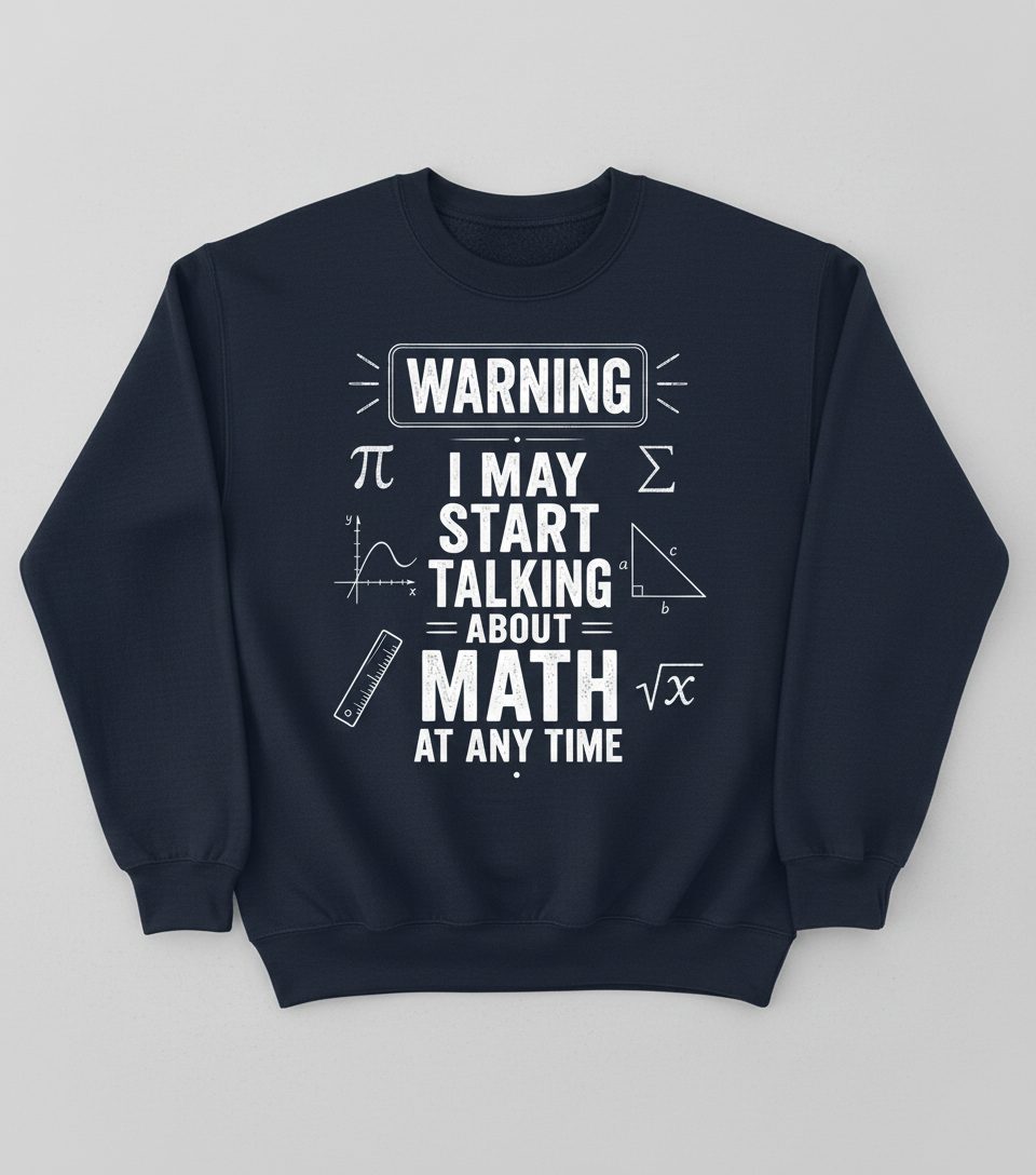 Warning I May Start Talking About Math at Any Time Funny Teachers Sweatshirt - product mockup - Navy