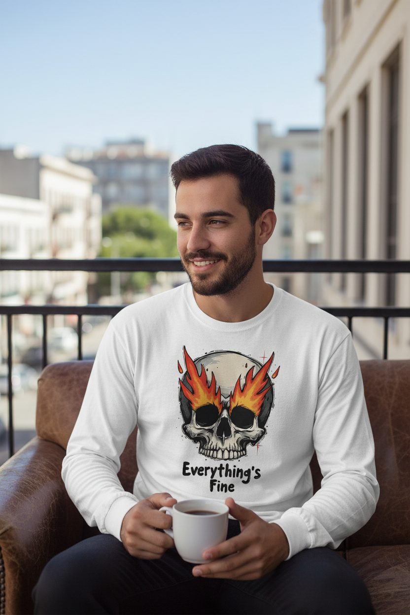 Everything's Fine flaming skull Long Sleeve Tee White lifestyle mockup