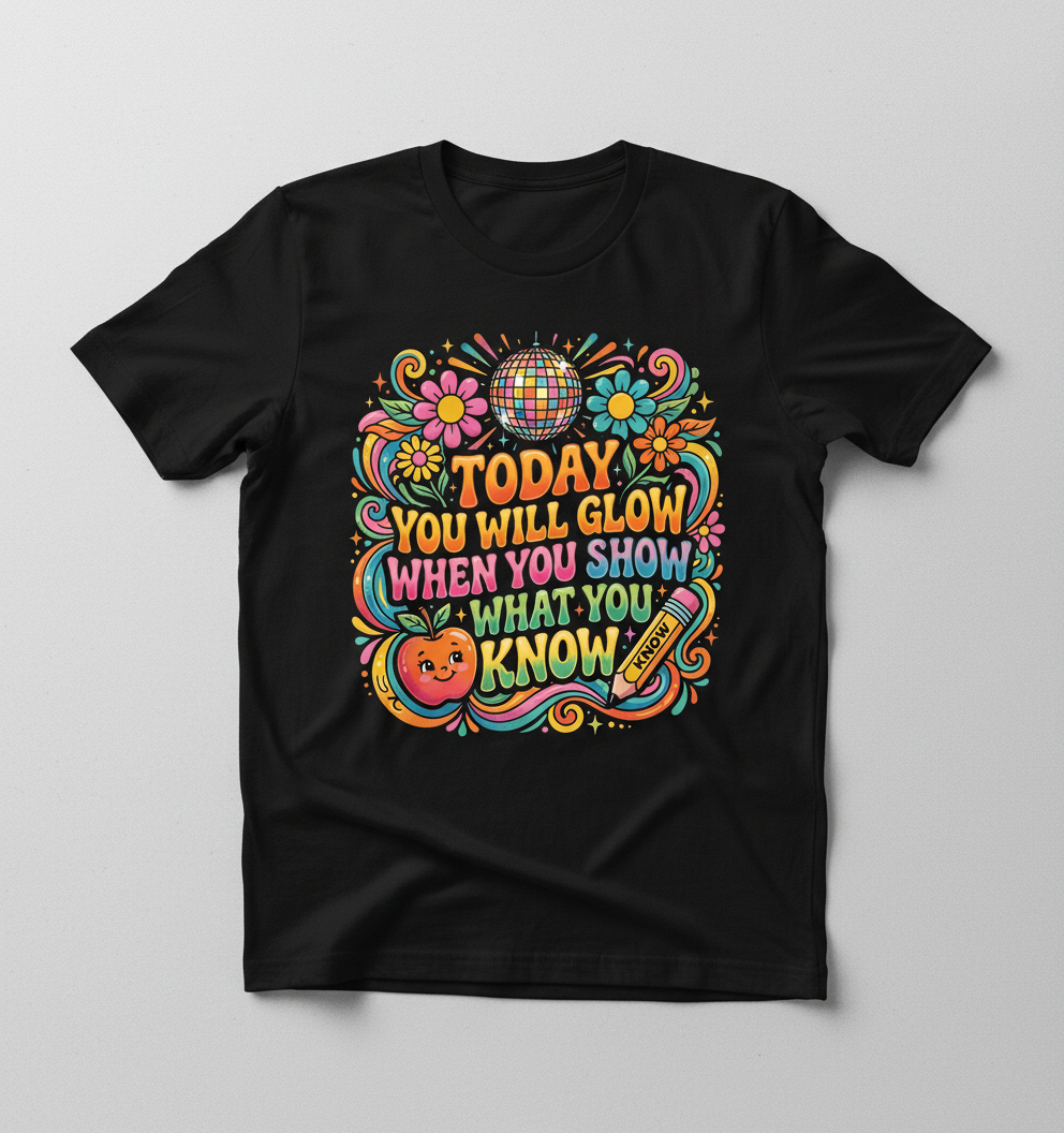 Groovy Teacher Motivational Quote "Today You Will Glow" T-Shirt - Black