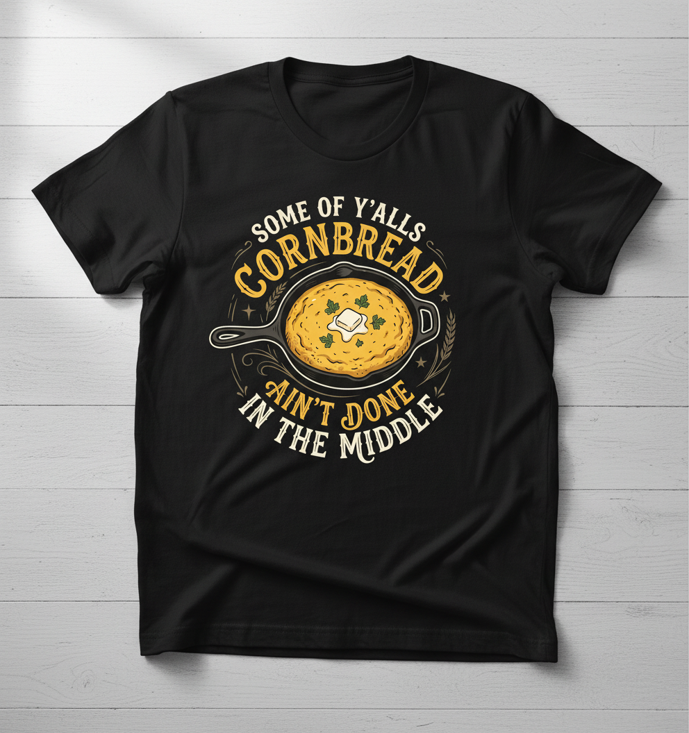 Funny Southern Saying Cornbread Ain't Done In The Middle T-Shirt - Black
