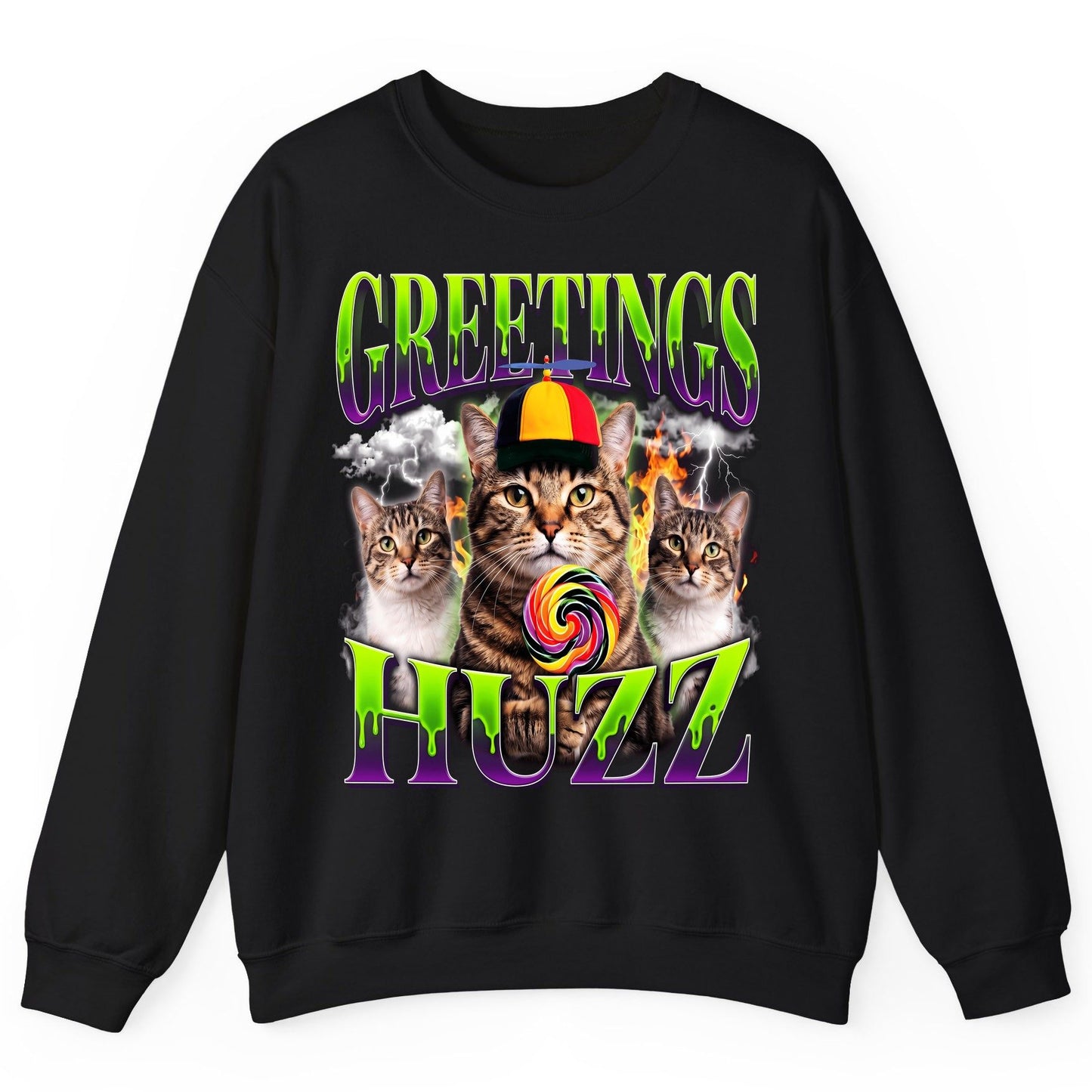 Greetings HUZZ Funny Cat Sweatshirt - product mockup - Black