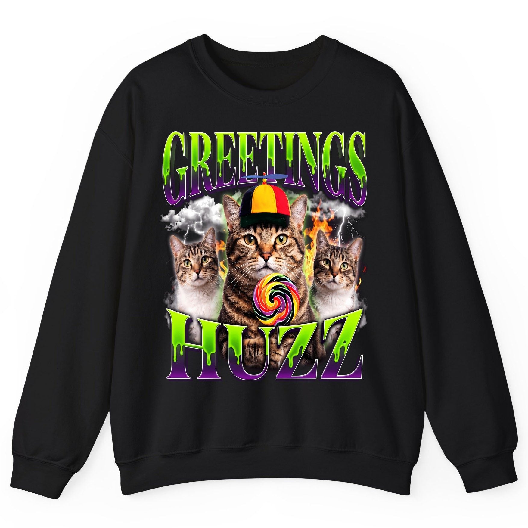 Greetings HUZZ Funny Cat Sweatshirt - product mockup - Black