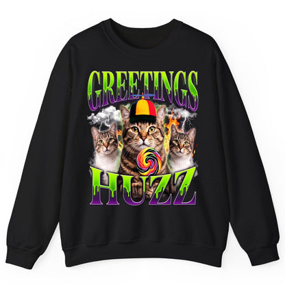 Greetings HUZZ Funny Cat Sweatshirt - product mockup - Black