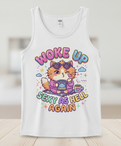 Woke Up Sexy As Hell Again Cute Cat Tank Top - White