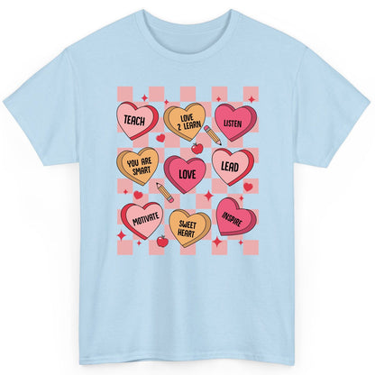 Inspirational Teacher Conversation Hearts teacher appreciation T-Shirt Light Blue product mockup