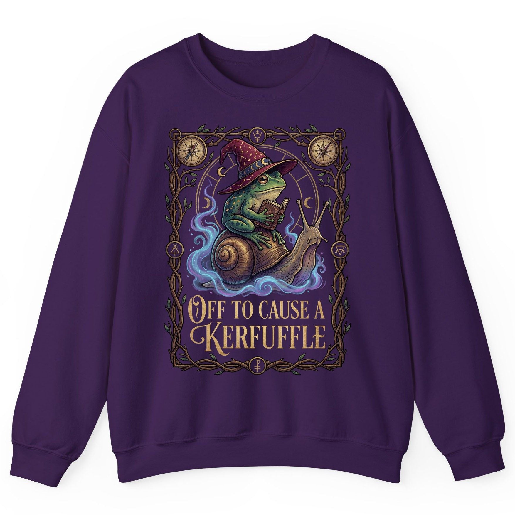 Off to Cause a Kerfuffle frog wizard Sweatshirt Purple product mockup