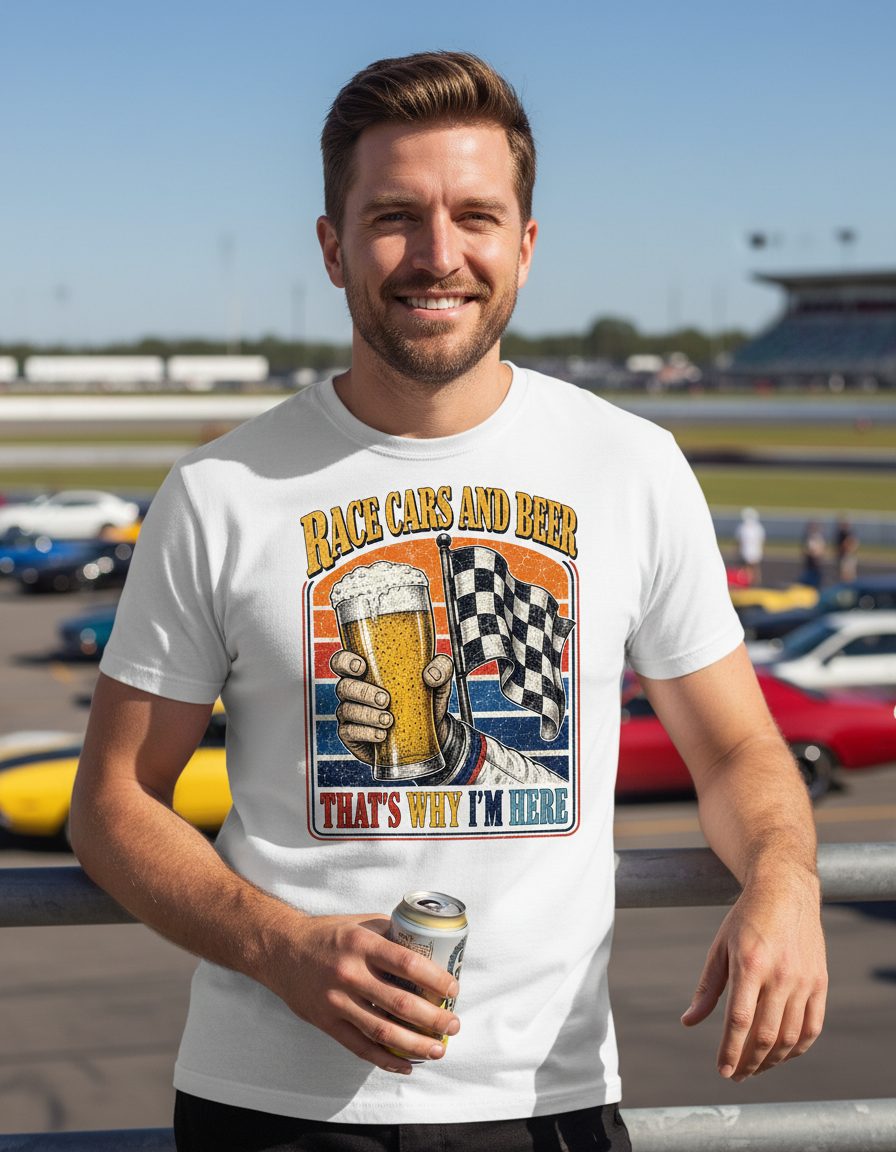 Race Cars and Beer That's Why I'm Here Funny Racing T-Shirt - lifestyle model mockup - White