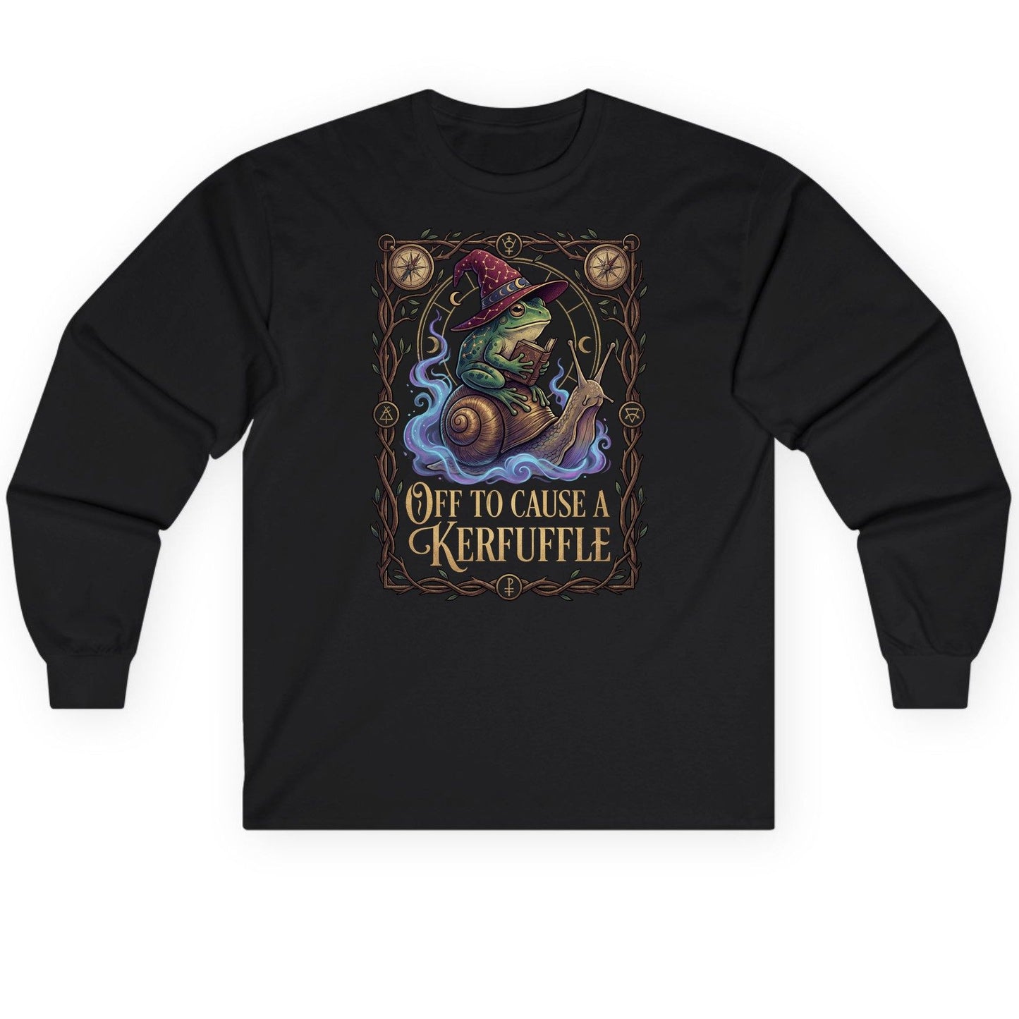 Off to Cause a Kerfuffle frog wizard Long Sleeve Tee Black product mockup