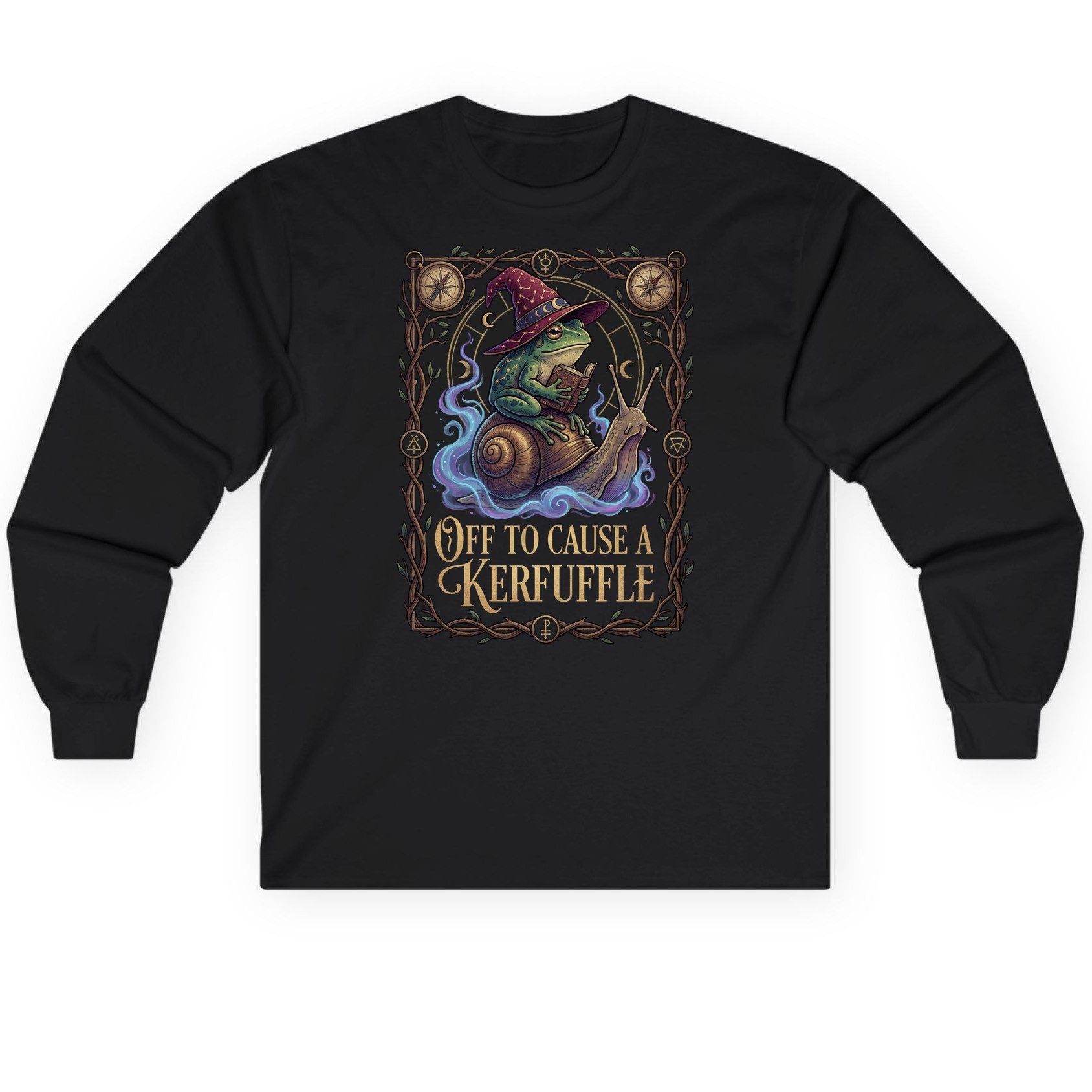 Off to Cause a Kerfuffle frog wizard Long Sleeve Tee Black product mockup