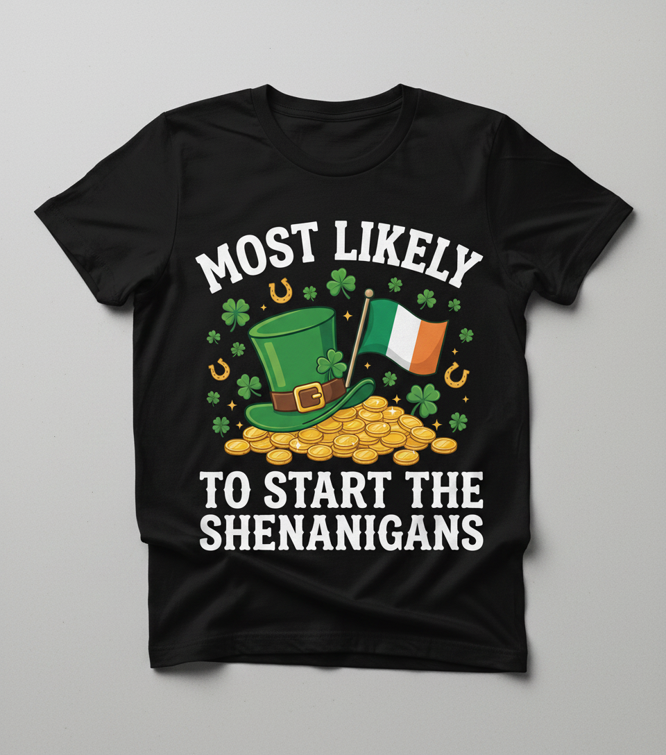 Funny St. Patrick's Day Shenanigans Leprechaun Hat Design T-Shirt - Black
