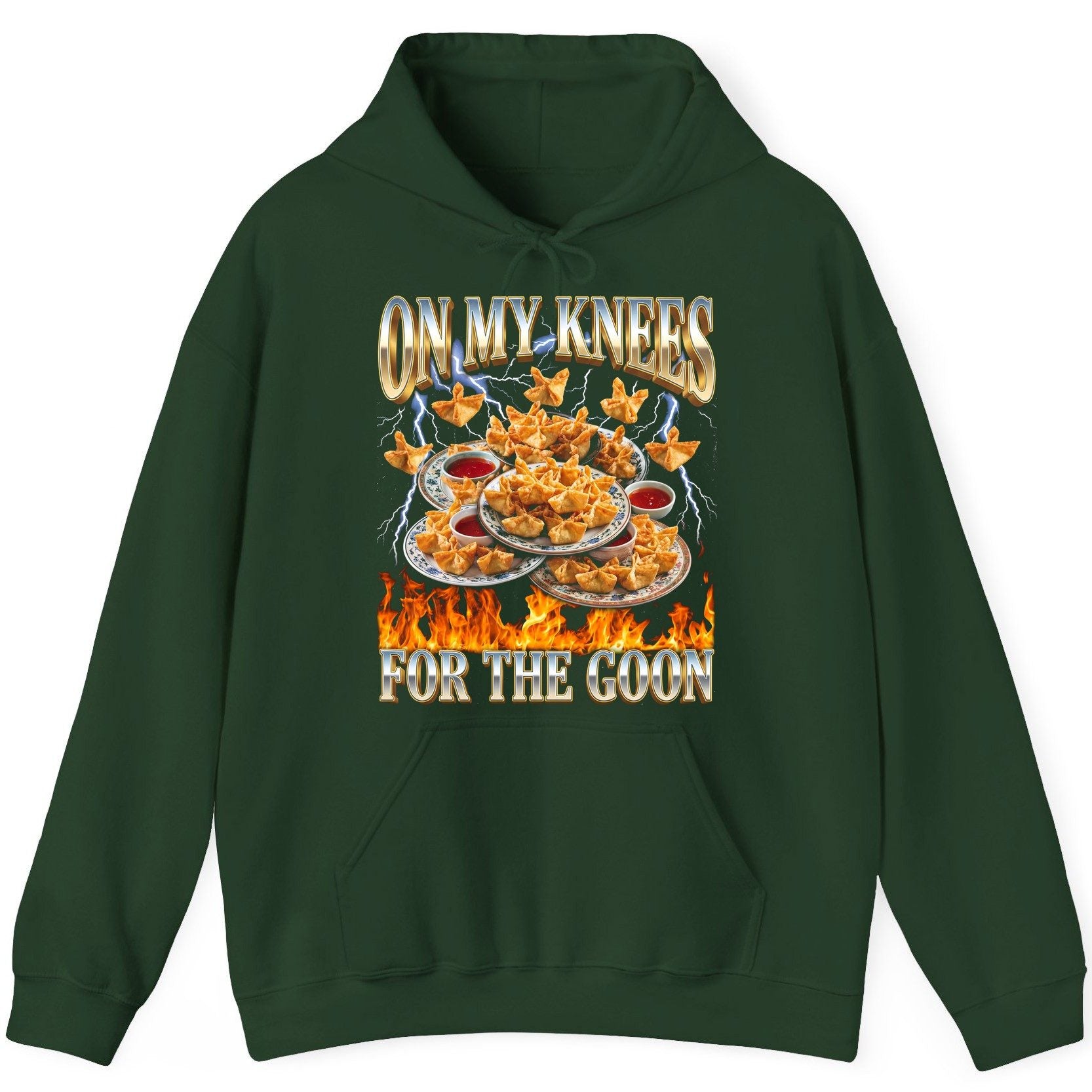 On My Knees for the Goon crab rangoon Hoodie Forest Green product mockup