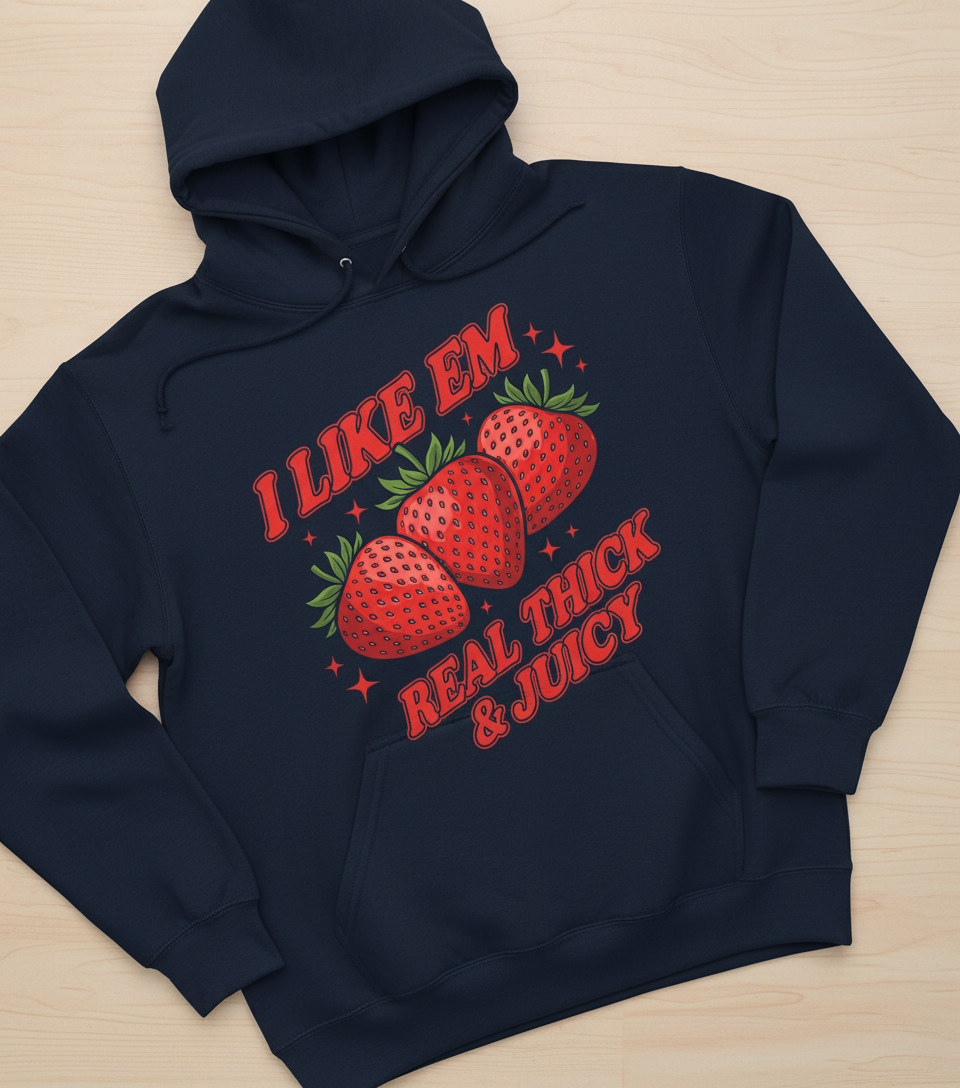 I Like Em Real Thick & Juicy Strawberries Funny Retro Design Hoodie - Navy