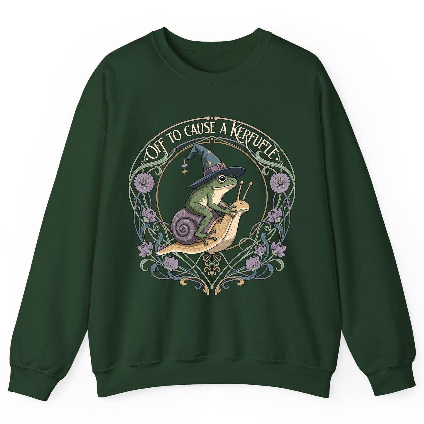 Off to Cause a Kerfuffle frog riding a snail Sweatshirt Forest Green product mockup