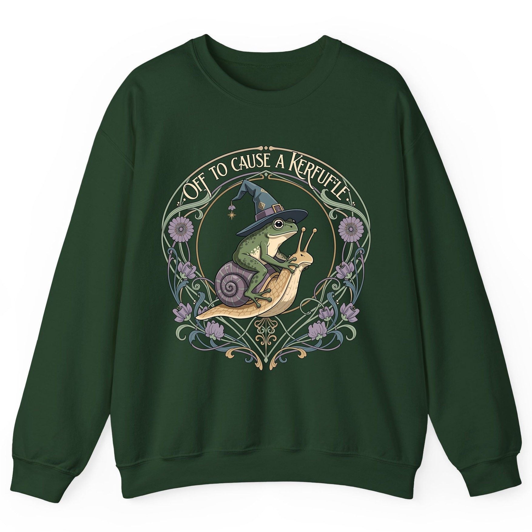Off to Cause a Kerfuffle frog riding a snail Sweatshirt Forest Green product mockup