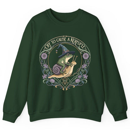 Off to Cause a Kerfuffle frog riding a snail Sweatshirt Forest Green product mockup