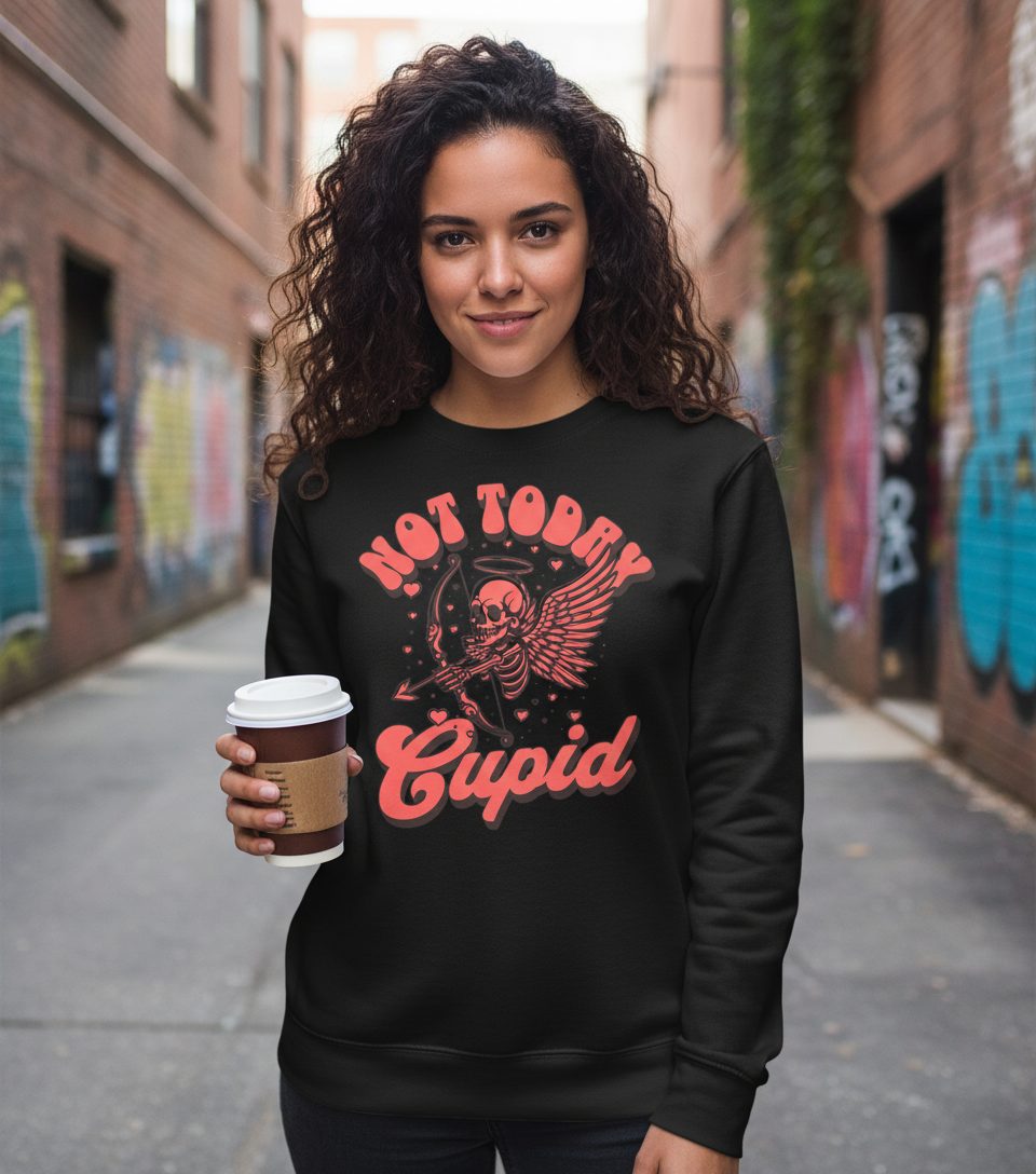 Not Today Cupid skeletal cupid Sweatshirt Black lifestyle mockup