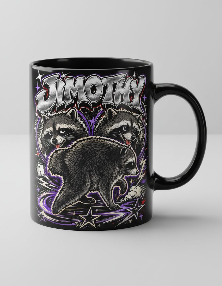 Jimothy Funny Raccoon Black Mug - product mockup - Black